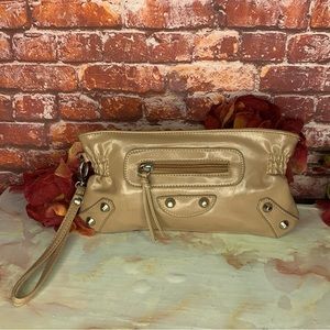 Tan Faux Patent Leather Wristlet